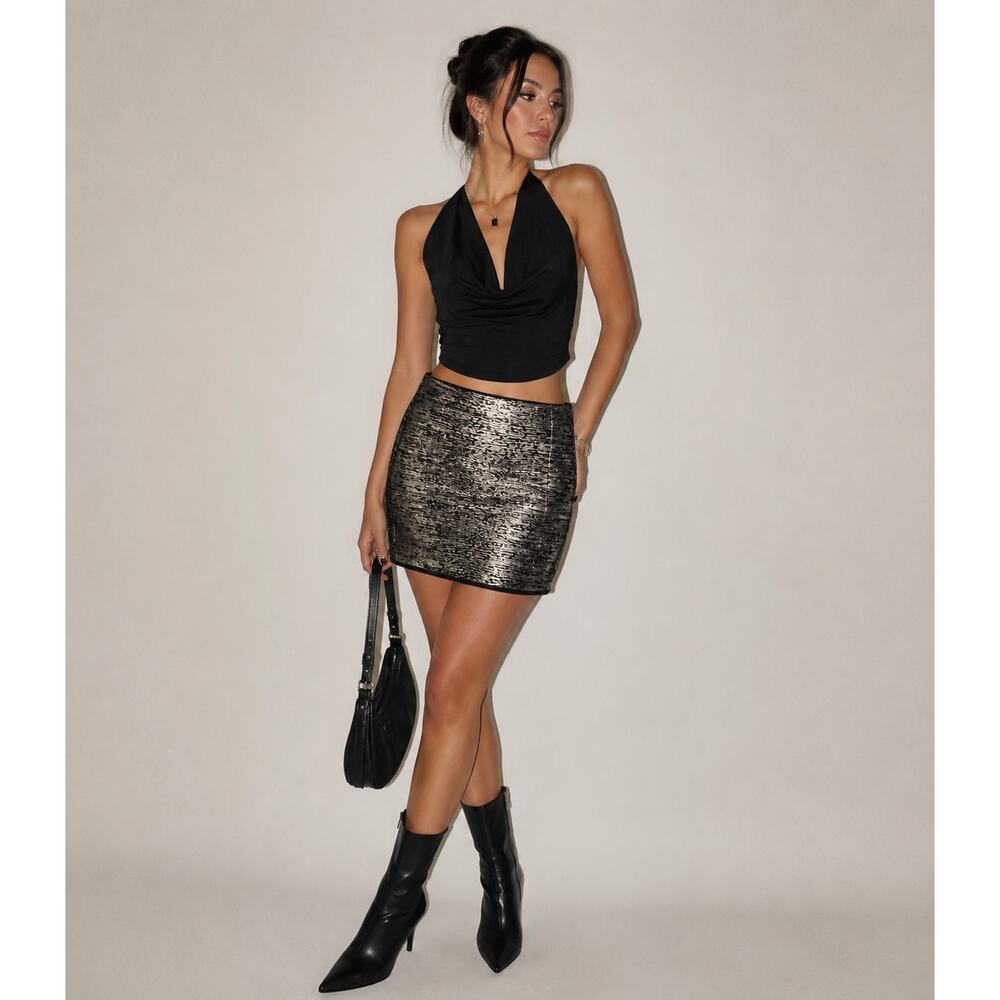 Michael Kors Metallic Mini Skirt Textured Side Zip Silver Black 2 XS Y2K